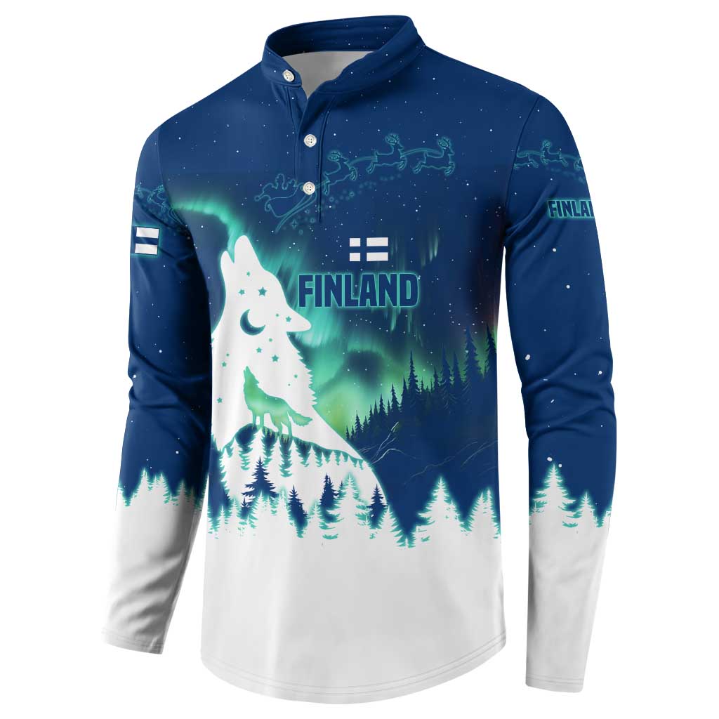 Finland Christmas Button Sweatshirt with Howling Wolf Northern Lights Forest and Snow Design - Wonder Print Shop