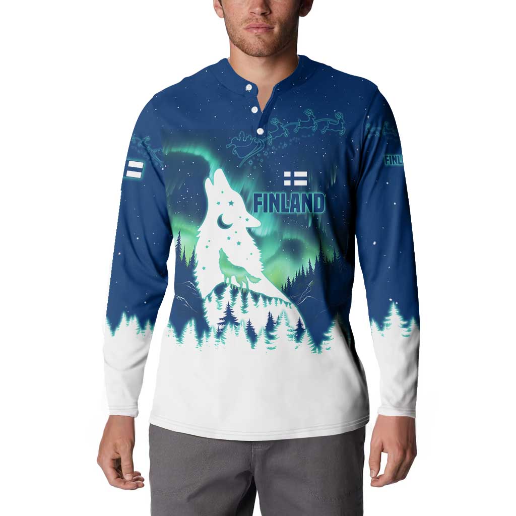Finland Christmas Button Sweatshirt with Howling Wolf Northern Lights Forest and Snow Design - Wonder Print Shop