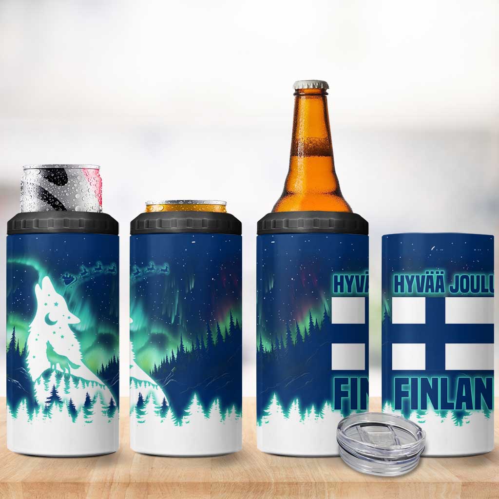 Finland Christmas 4 in 1 Can Cooler Tumbler with Howling Wolf Northern Lights Forest and Snow Design - Wonder Print Shop