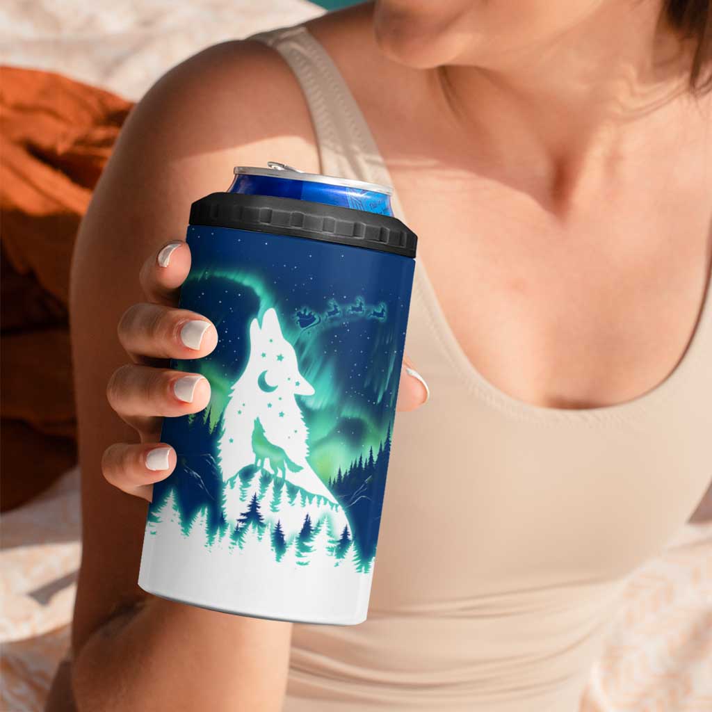 Finland Christmas 4 in 1 Can Cooler Tumbler with Howling Wolf Northern Lights Forest and Snow Design - Wonder Print Shop