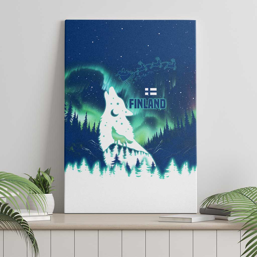 Finland Christmas Canvas Wall Art with Howling Wolf Northern Lights Forest and Snow Design - Wonder Print Shop