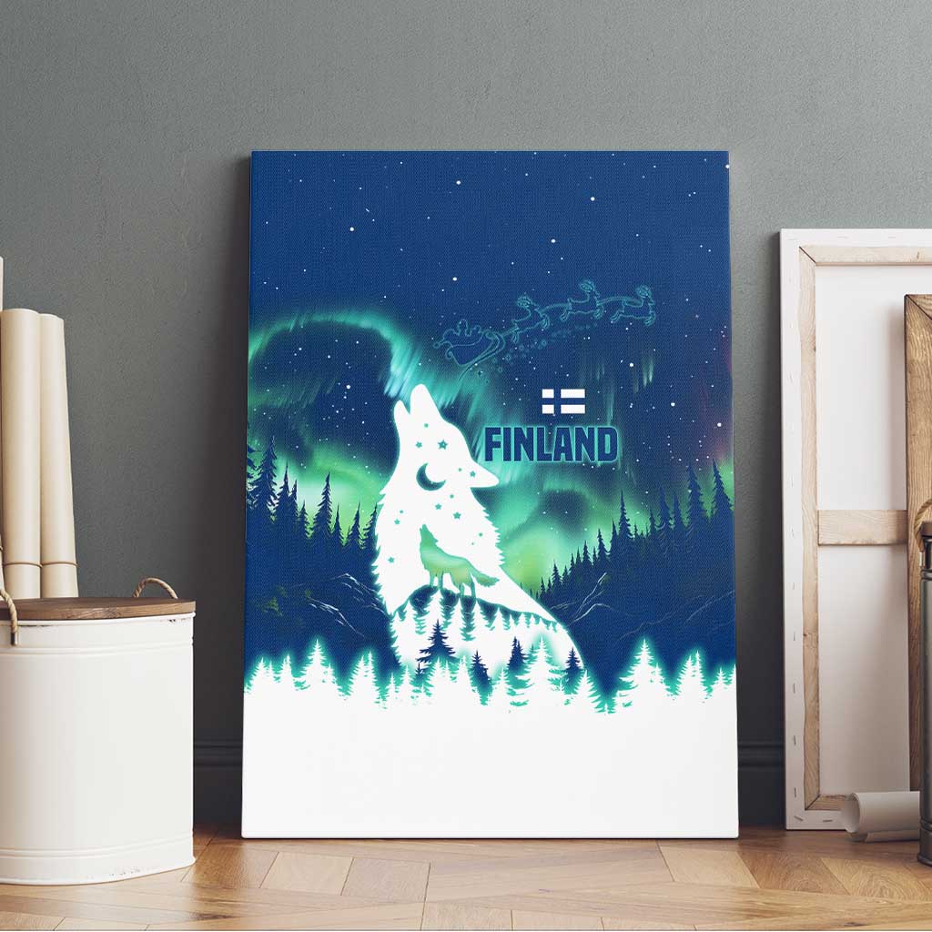 Finland Christmas Canvas Wall Art with Howling Wolf Northern Lights Forest and Snow Design - Wonder Print Shop