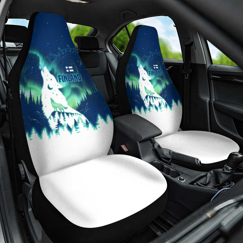 Finland Christmas Car Seat Cover with Howling Wolf Northern Lights Forest and Snow Design - Wonder Print Shop