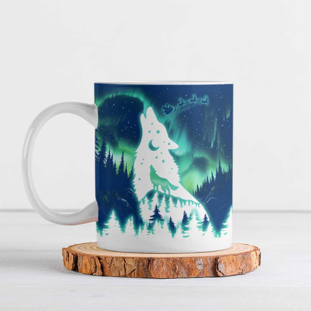 Finland Christmas Ceramic Mug with Howling Wolf Northern Lights Forest and Snow Design - Wonder Print Shop