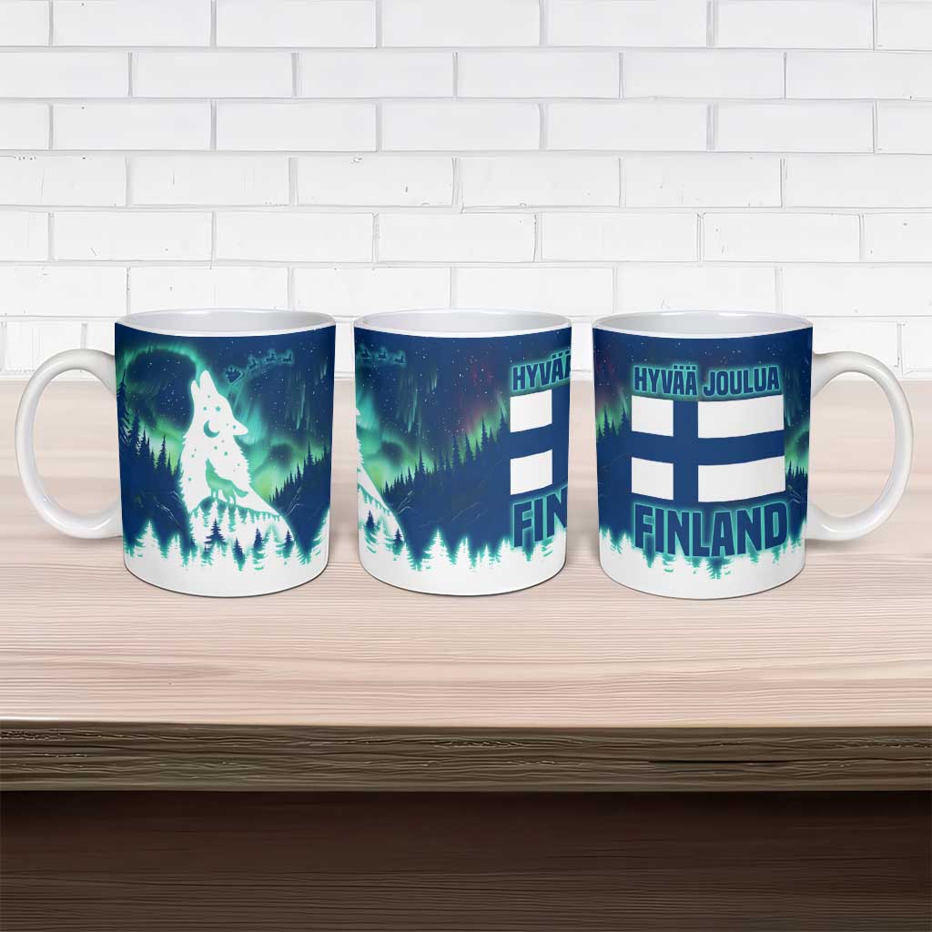 Finland Christmas Ceramic Mug with Howling Wolf Northern Lights Forest and Snow Design - Wonder Print Shop