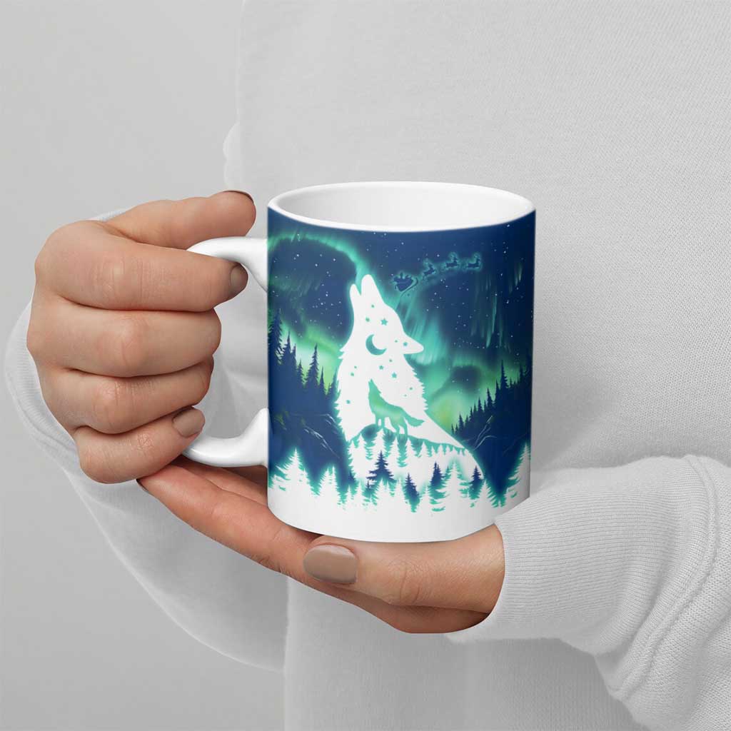 Finland Christmas Ceramic Mug with Howling Wolf Northern Lights Forest and Snow Design - Wonder Print Shop