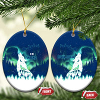 Finland Christmas Ceramic Ornament with Howling Wolf Northern Lights Forest and Snow Design - Wonder Print Shop