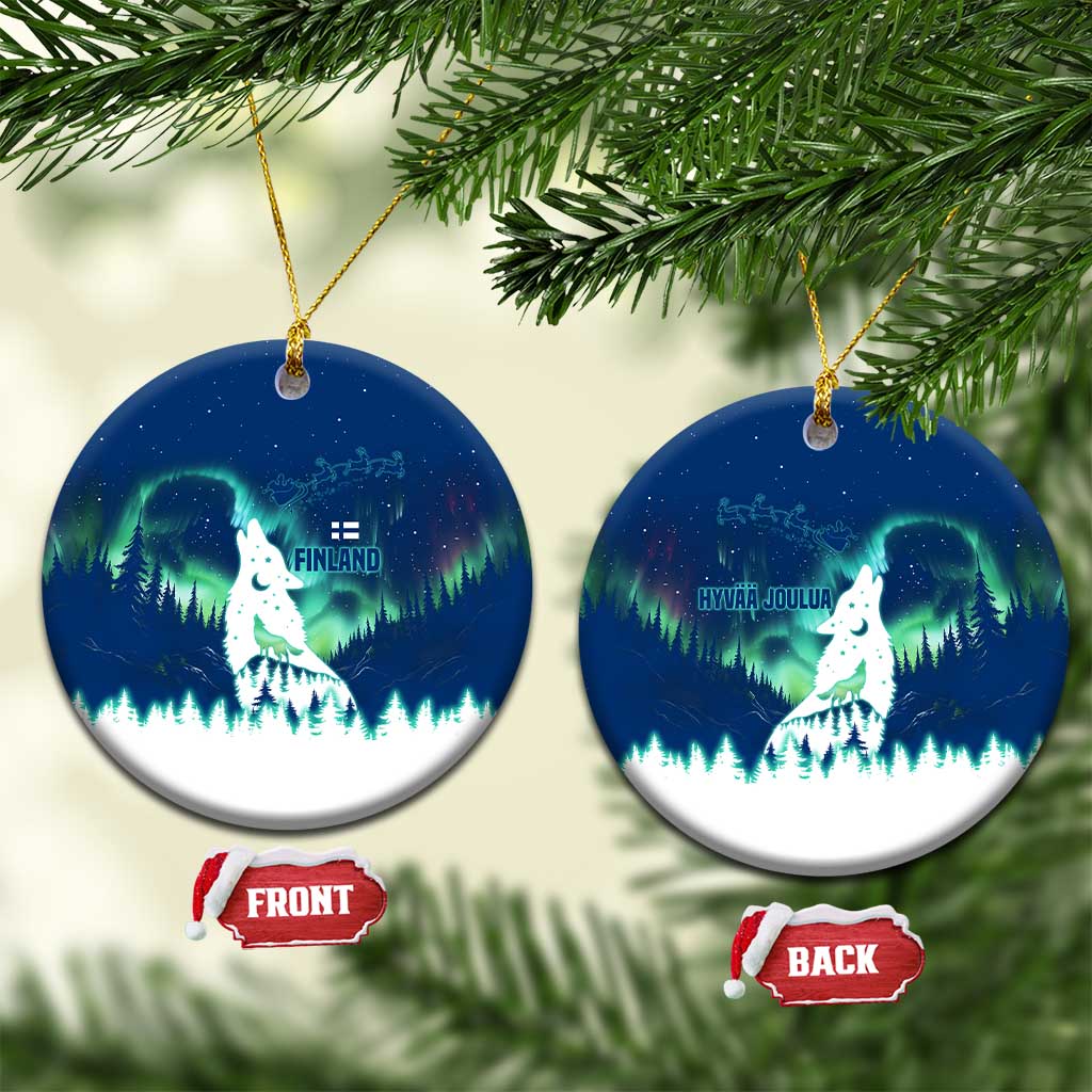 Finland Christmas Ceramic Ornament with Howling Wolf Northern Lights Forest and Snow Design - Wonder Print Shop