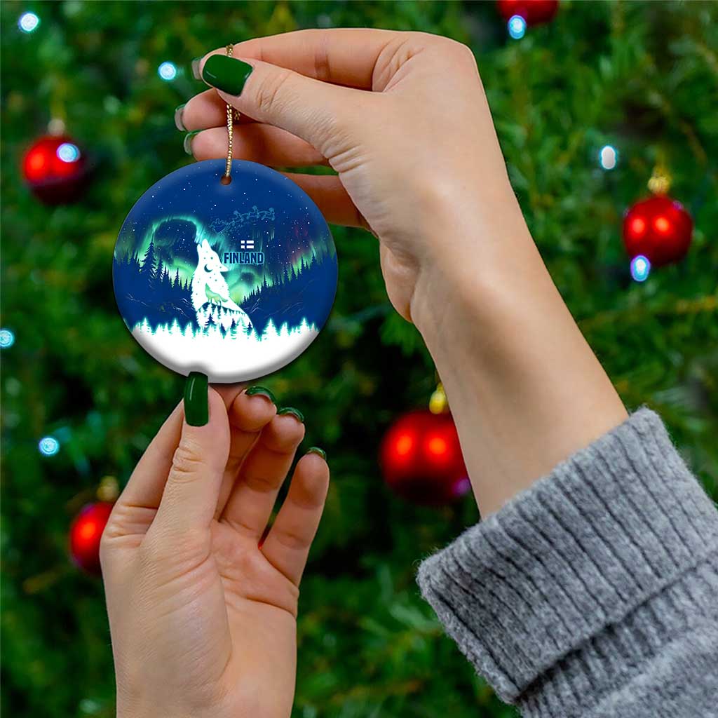 Finland Christmas Ceramic Ornament with Howling Wolf Northern Lights Forest and Snow Design - Wonder Print Shop