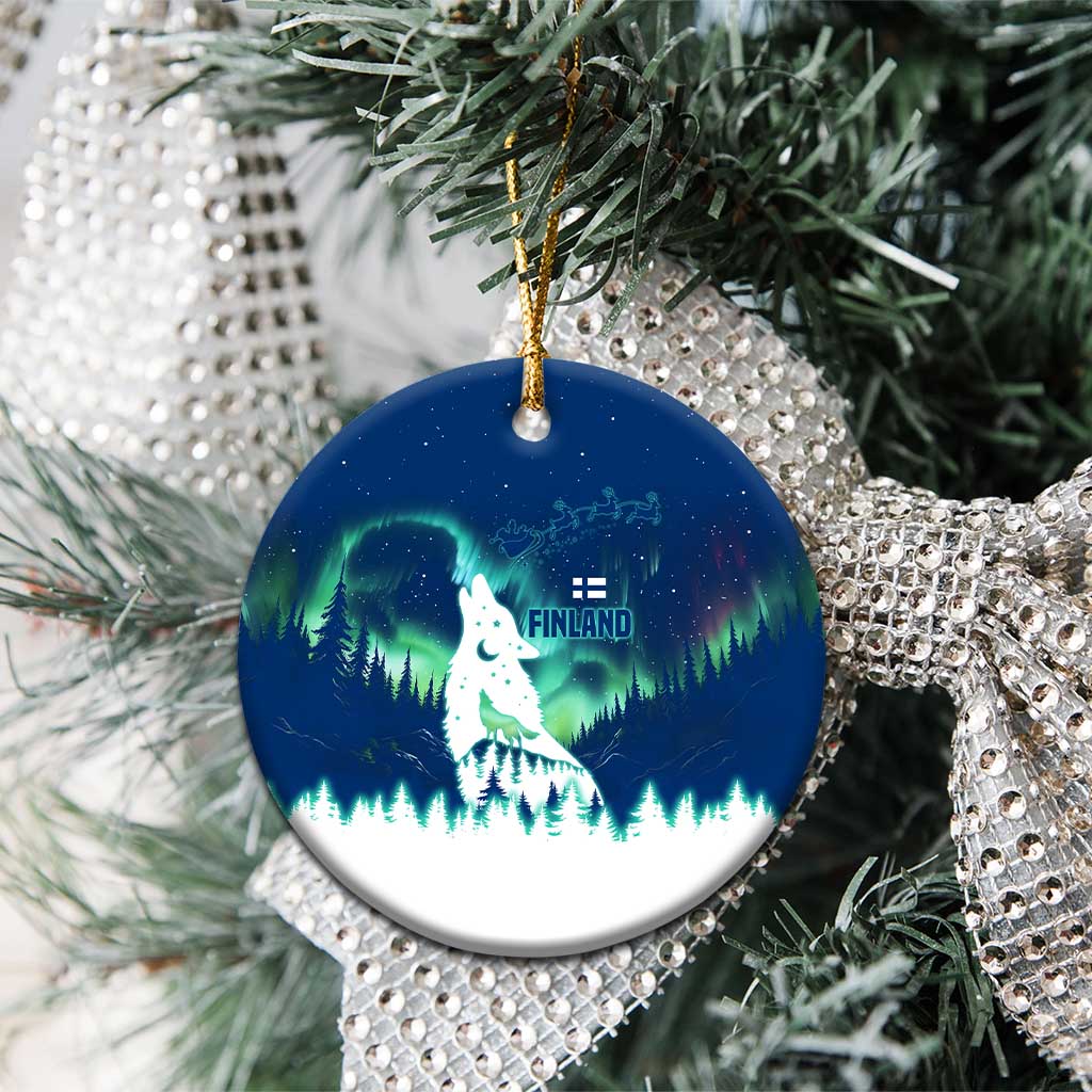 Finland Christmas Ceramic Ornament with Howling Wolf Northern Lights Forest and Snow Design - Wonder Print Shop