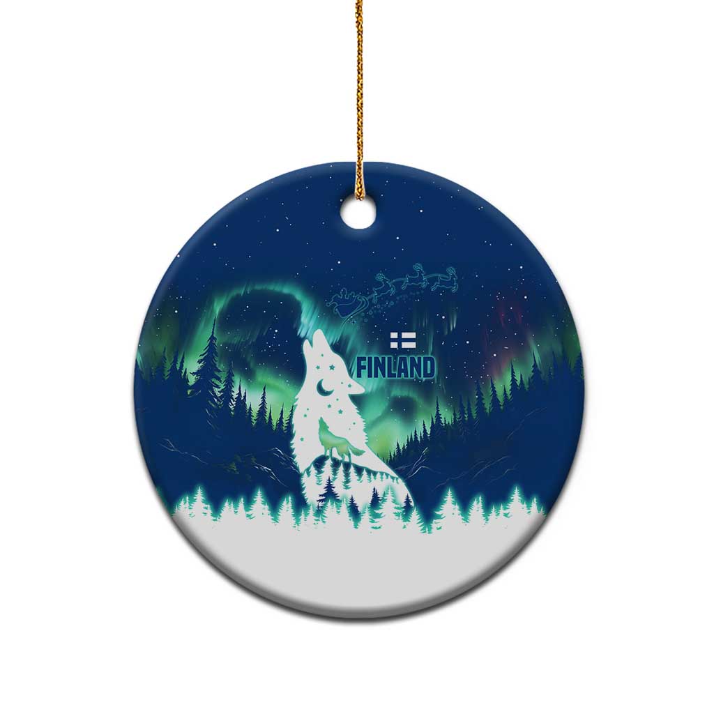 Finland Christmas Ceramic Ornament with Howling Wolf Northern Lights Forest and Snow Design - Wonder Print Shop