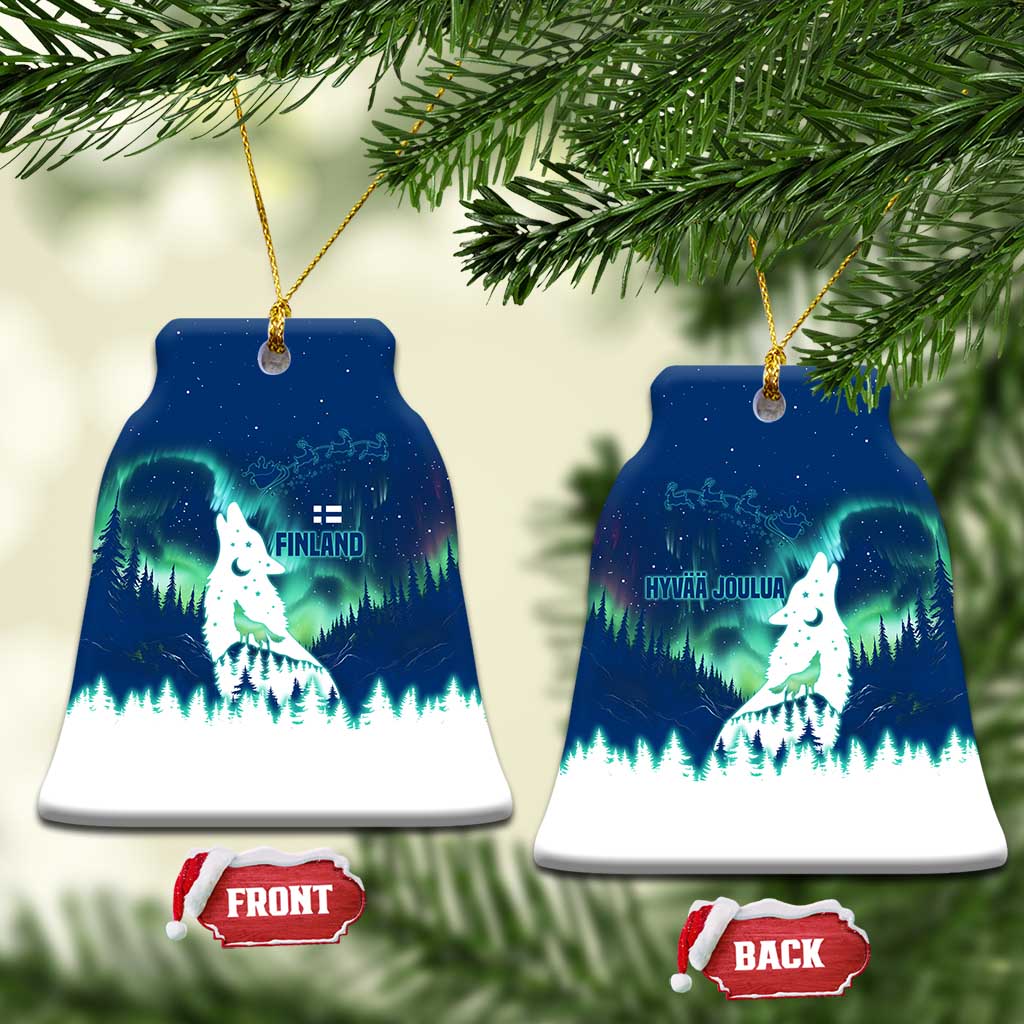 Finland Christmas Ceramic Ornament with Howling Wolf Northern Lights Forest and Snow Design - Wonder Print Shop
