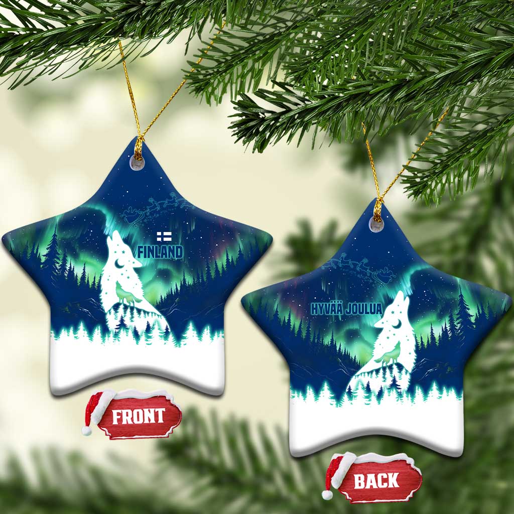 Finland Christmas Ceramic Ornament with Howling Wolf Northern Lights Forest and Snow Design - Wonder Print Shop