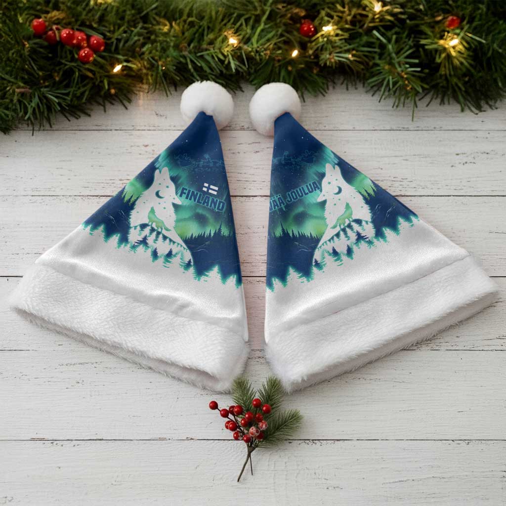Finland Christmas Santa Hat with Howling Wolf Northern Lights Forest and Snow Design - Wonder Print Shop