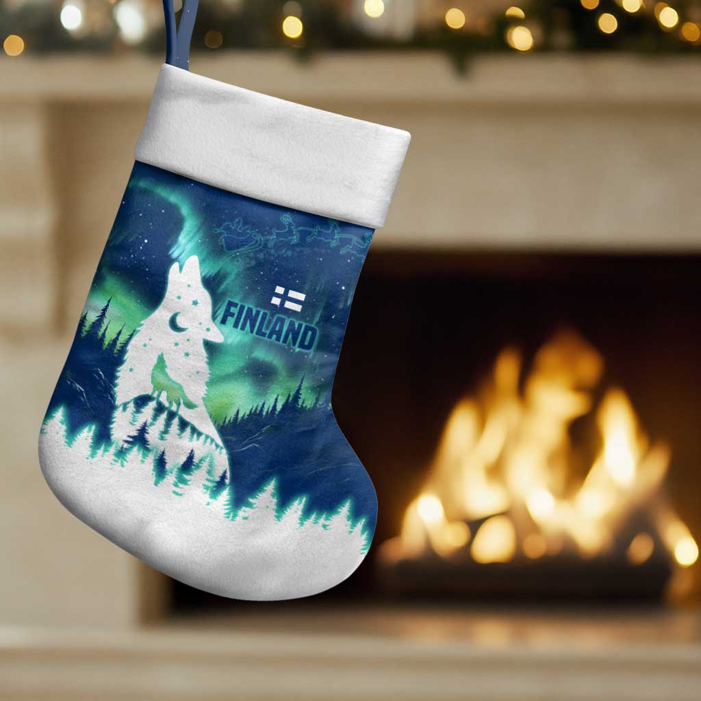 Finland Christmas Stocking with Howling Wolf Northern Lights Forest and Snow Design - Wonder Print Shop