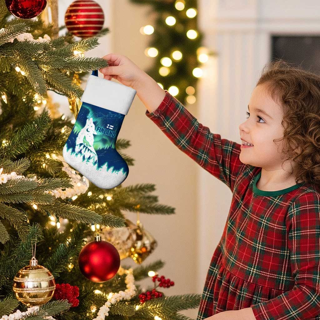 Finland Christmas Stocking with Howling Wolf Northern Lights Forest and Snow Design - Wonder Print Shop