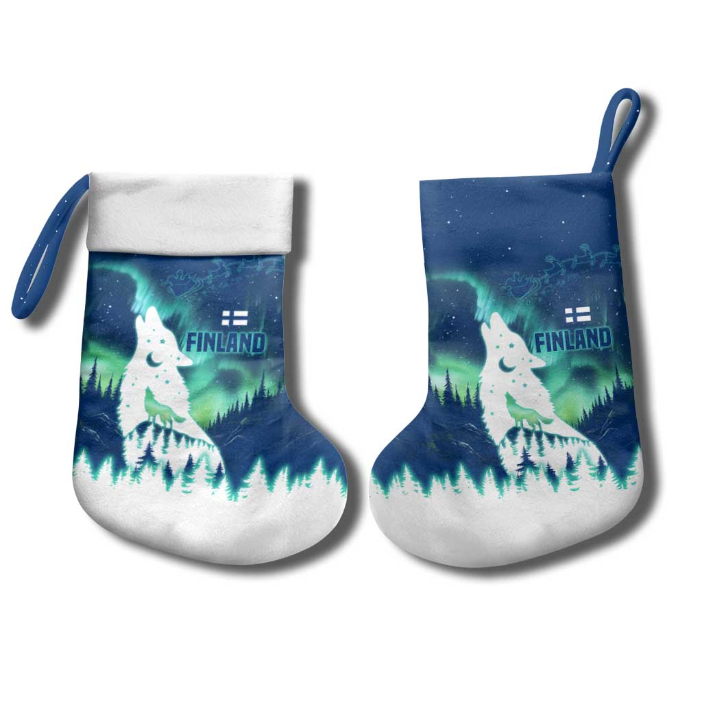 Finland Christmas Stocking with Howling Wolf Northern Lights Forest and Snow Design - Wonder Print Shop