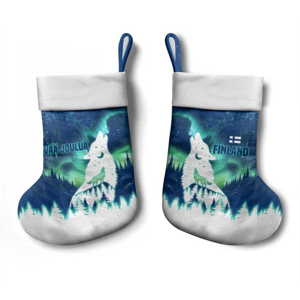 Finland Christmas Stocking with Howling Wolf Northern Lights Forest and Snow Design - Wonder Print Shop