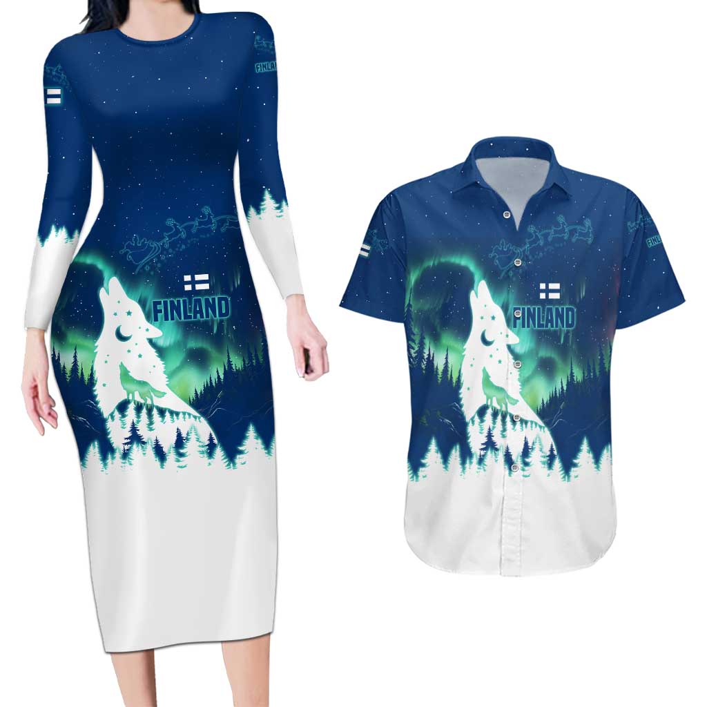 Finland Christmas Couples Matching Long Sleeve Bodycon Dress and Hawaiian Shirt with Howling Wolf Northern Lights Forest and Snow Design - Wonder Print Shop
