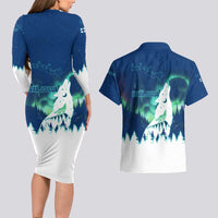 Finland Christmas Couples Matching Long Sleeve Bodycon Dress and Hawaiian Shirt with Howling Wolf Northern Lights Forest and Snow Design - Wonder Print Shop