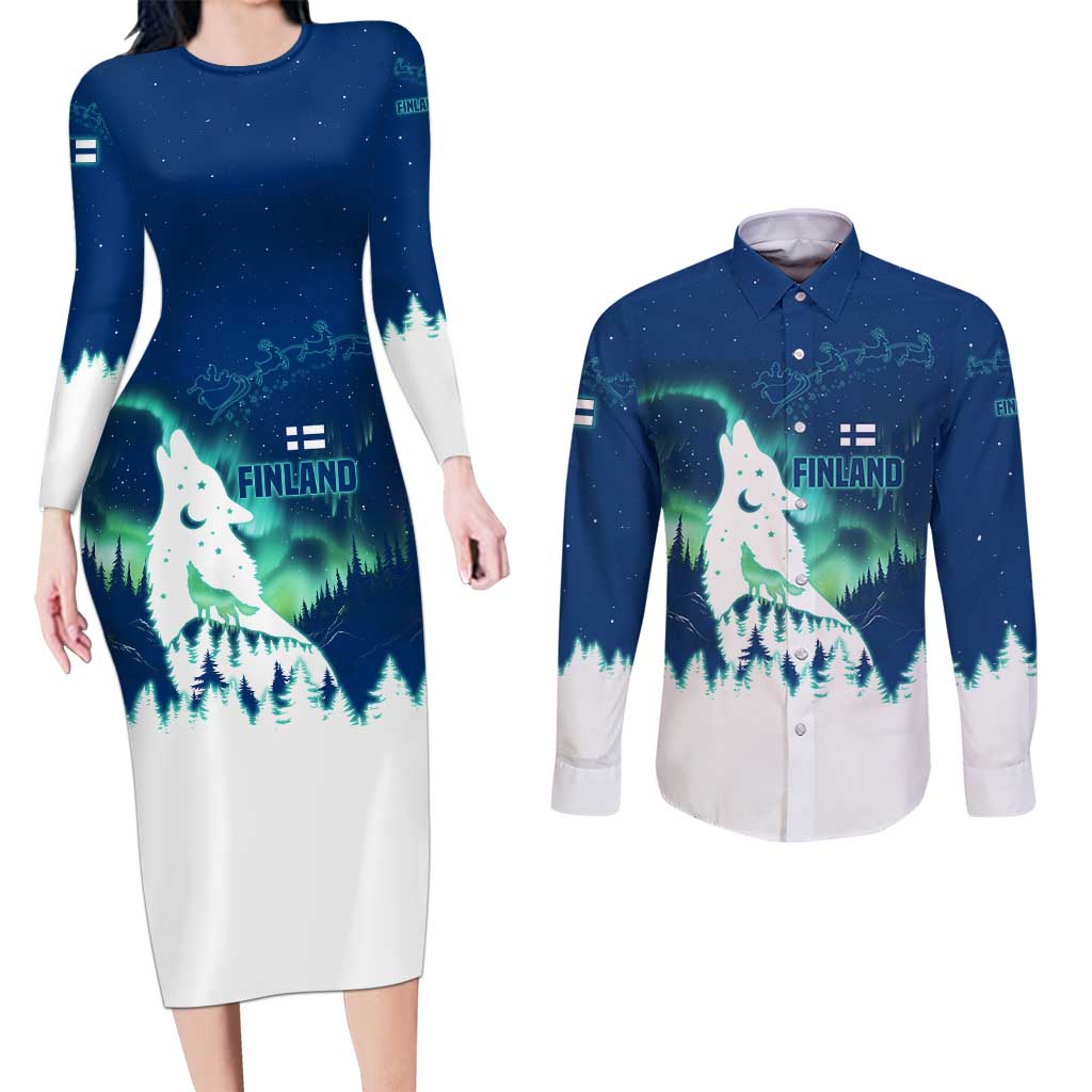 Finland Christmas Couples Matching Long Sleeve Bodycon Dress and Long Sleeve Button Shirt with Howling Wolf Northern Lights Forest and Snow Design - Wonder Print Shop
