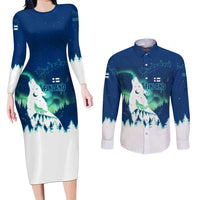 Finland Christmas Couples Matching Long Sleeve Bodycon Dress and Long Sleeve Button Shirt with Howling Wolf Northern Lights Forest and Snow Design - Wonder Print Shop
