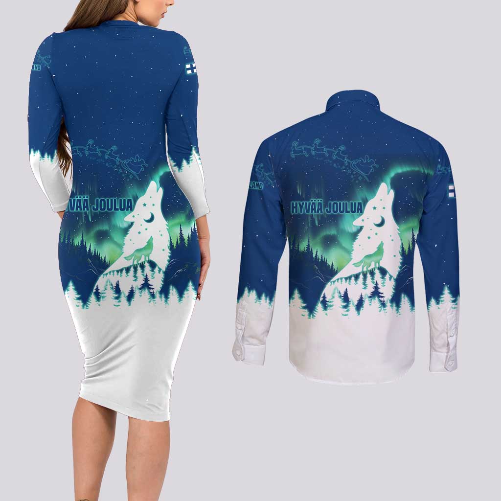 Finland Christmas Couples Matching Long Sleeve Bodycon Dress and Long Sleeve Button Shirt with Howling Wolf Northern Lights Forest and Snow Design - Wonder Print Shop