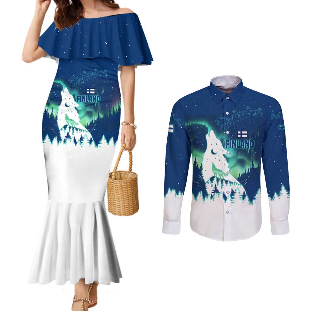 Finland Christmas Couples Matching Mermaid Dress and Long Sleeve Button Shirt with Howling Wolf Northern Lights Forest and Snow Design - Wonder Print Shop