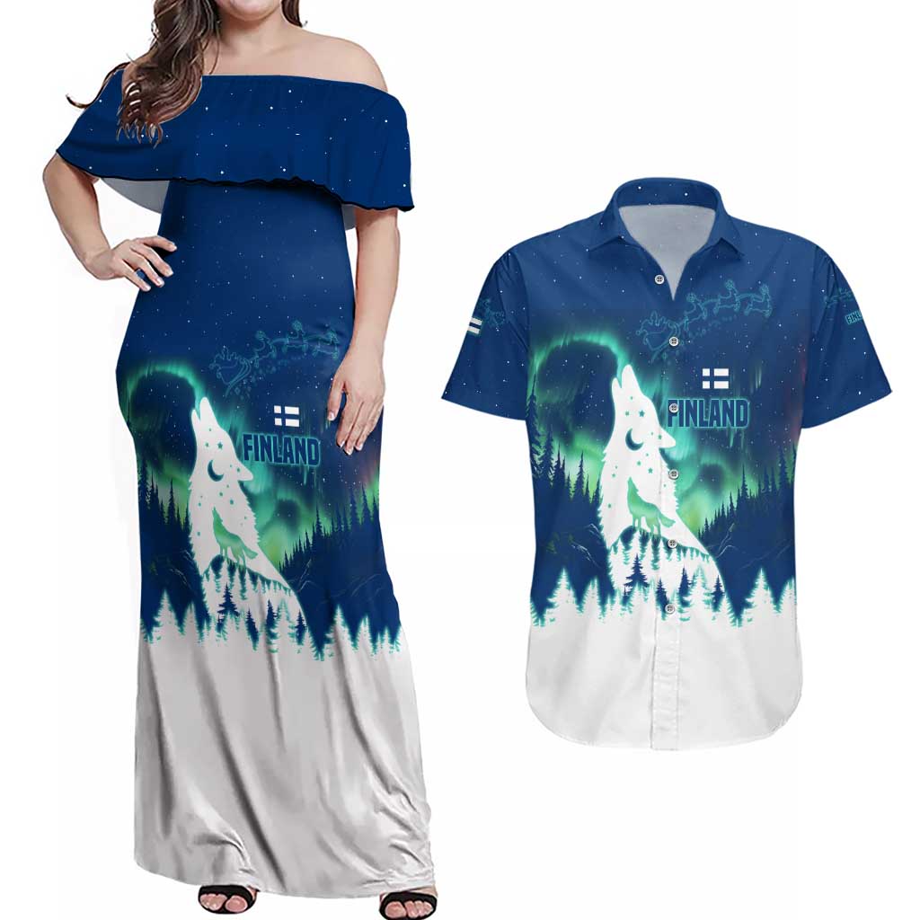 Finland Christmas Couples Matching Off Shoulder Maxi Dress and Hawaiian Shirt with Howling Wolf Northern Lights Forest and Snow Design - Wonder Print Shop
