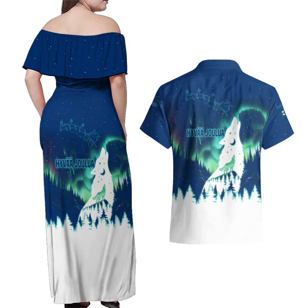 Finland Christmas Couples Matching Off Shoulder Maxi Dress and Hawaiian Shirt with Howling Wolf Northern Lights Forest and Snow Design - Wonder Print Shop