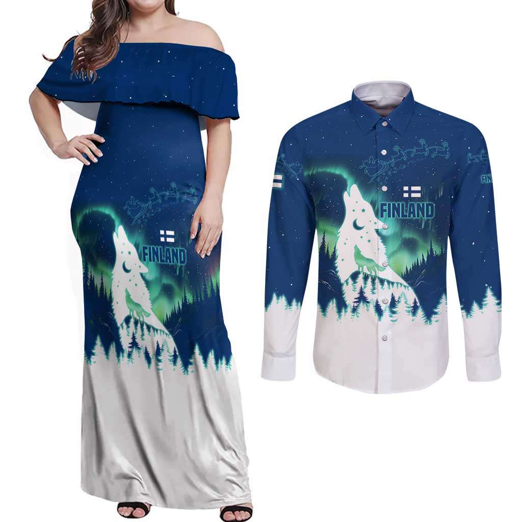 Finland Christmas Couples Matching Off Shoulder Maxi Dress and Long Sleeve Button Shirt with Howling Wolf Northern Lights Forest and Snow Design - Wonder Print Shop
