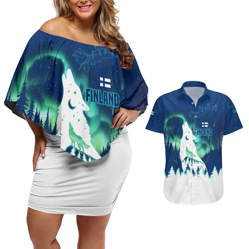 Finland Christmas Couples Matching Off Shoulder Short Dress and Hawaiian Shirt with Howling Wolf Northern Lights Forest and Snow Design - Wonder Print Shop