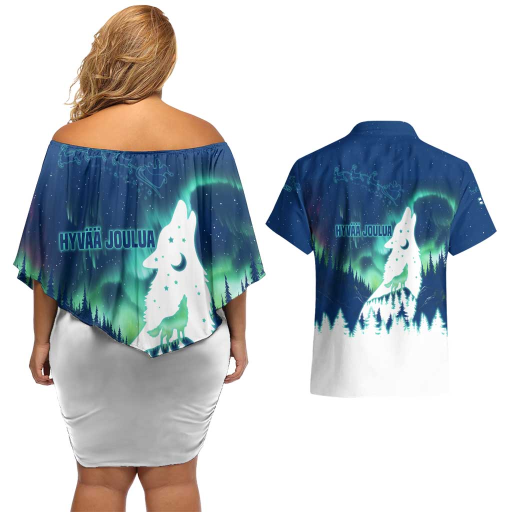Finland Christmas Couples Matching Off Shoulder Short Dress and Hawaiian Shirt with Howling Wolf Northern Lights Forest and Snow Design - Wonder Print Shop