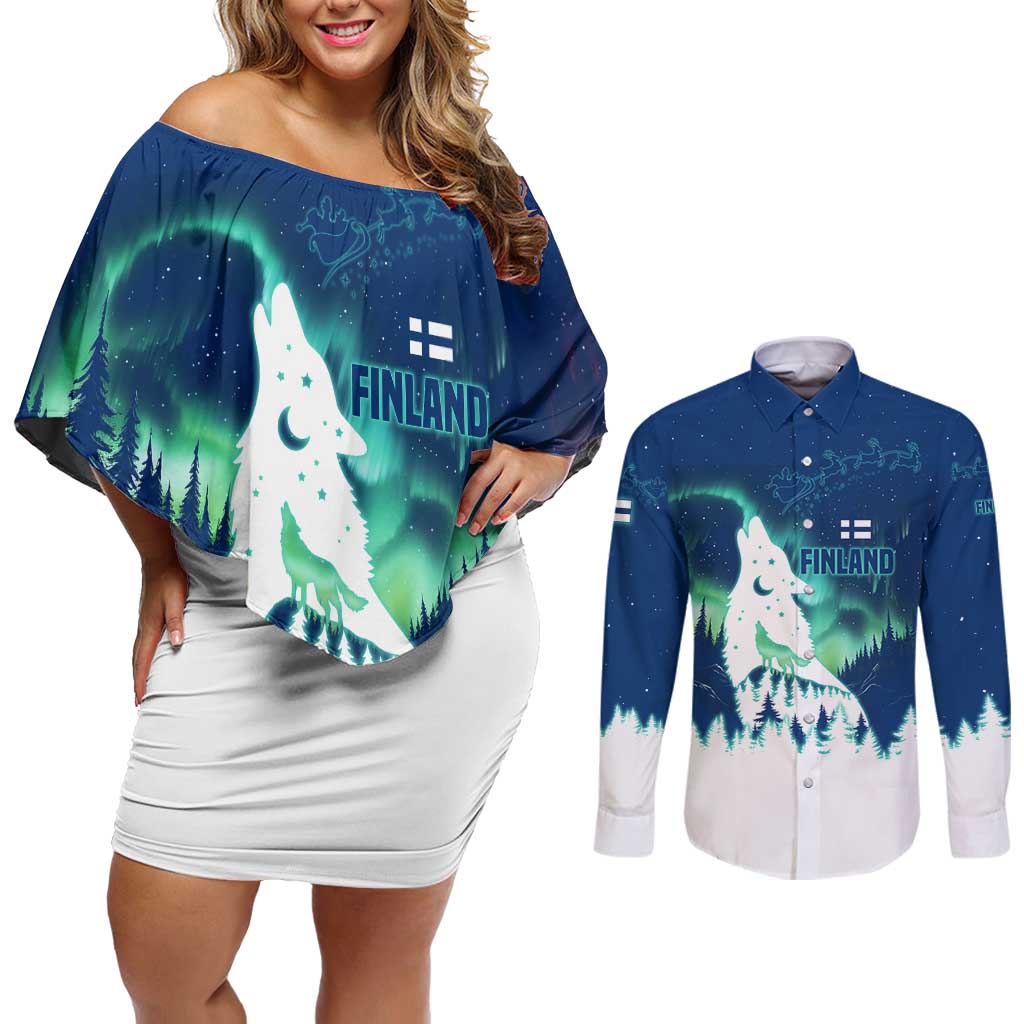 Finland Christmas Couples Matching Off Shoulder Short Dress and Long Sleeve Button Shirt with Howling Wolf Northern Lights Forest and Snow Design - Wonder Print Shop