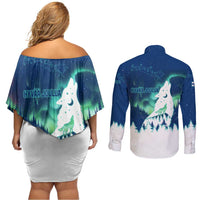 Finland Christmas Couples Matching Off Shoulder Short Dress and Long Sleeve Button Shirt with Howling Wolf Northern Lights Forest and Snow Design - Wonder Print Shop