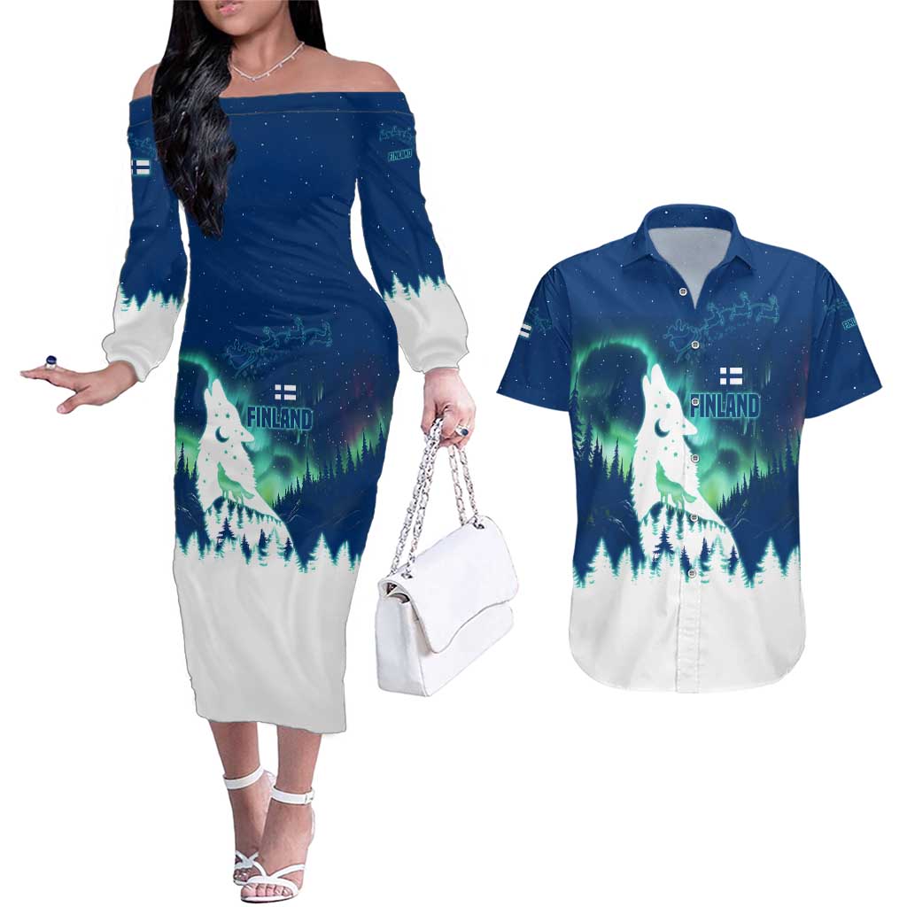 Finland Christmas Couples Matching Off The Shoulder Long Sleeve Dress and Hawaiian Shirt with Howling Wolf Northern Lights Forest and Snow Design - Wonder Print Shop