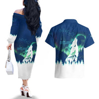Finland Christmas Couples Matching Off The Shoulder Long Sleeve Dress and Hawaiian Shirt with Howling Wolf Northern Lights Forest and Snow Design - Wonder Print Shop