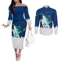 Finland Christmas Couples Matching Off The Shoulder Long Sleeve Dress and Long Sleeve Button Shirt with Howling Wolf Northern Lights Forest and Snow Design - Wonder Print Shop