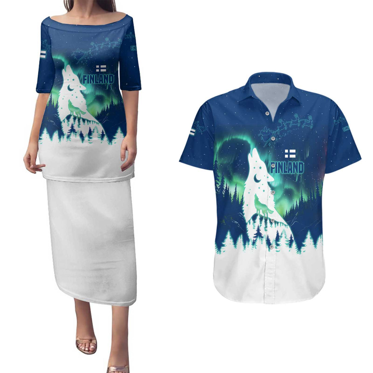 Finland Christmas Couples Matching Puletasi and Hawaiian Shirt with Howling Wolf Northern Lights Forest and Snow Design - Wonder Print Shop