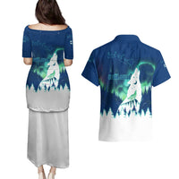 Finland Christmas Couples Matching Puletasi and Hawaiian Shirt with Howling Wolf Northern Lights Forest and Snow Design - Wonder Print Shop