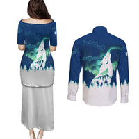 Finland Christmas Couples Matching Puletasi and Long Sleeve Button Shirt with Howling Wolf Northern Lights Forest and Snow Design - Wonder Print Shop