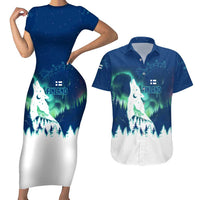 Finland Christmas Couples Matching Short Sleeve Bodycon Dress and Hawaiian Shirt with Howling Wolf Northern Lights Forest and Snow Design - Wonder Print Shop