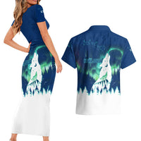 Finland Christmas Couples Matching Short Sleeve Bodycon Dress and Hawaiian Shirt with Howling Wolf Northern Lights Forest and Snow Design - Wonder Print Shop