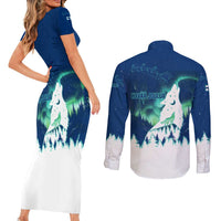 Finland Christmas Couples Matching Short Sleeve Bodycon Dress and Long Sleeve Button Shirt with Howling Wolf Northern Lights Forest and Snow Design - Wonder Print Shop