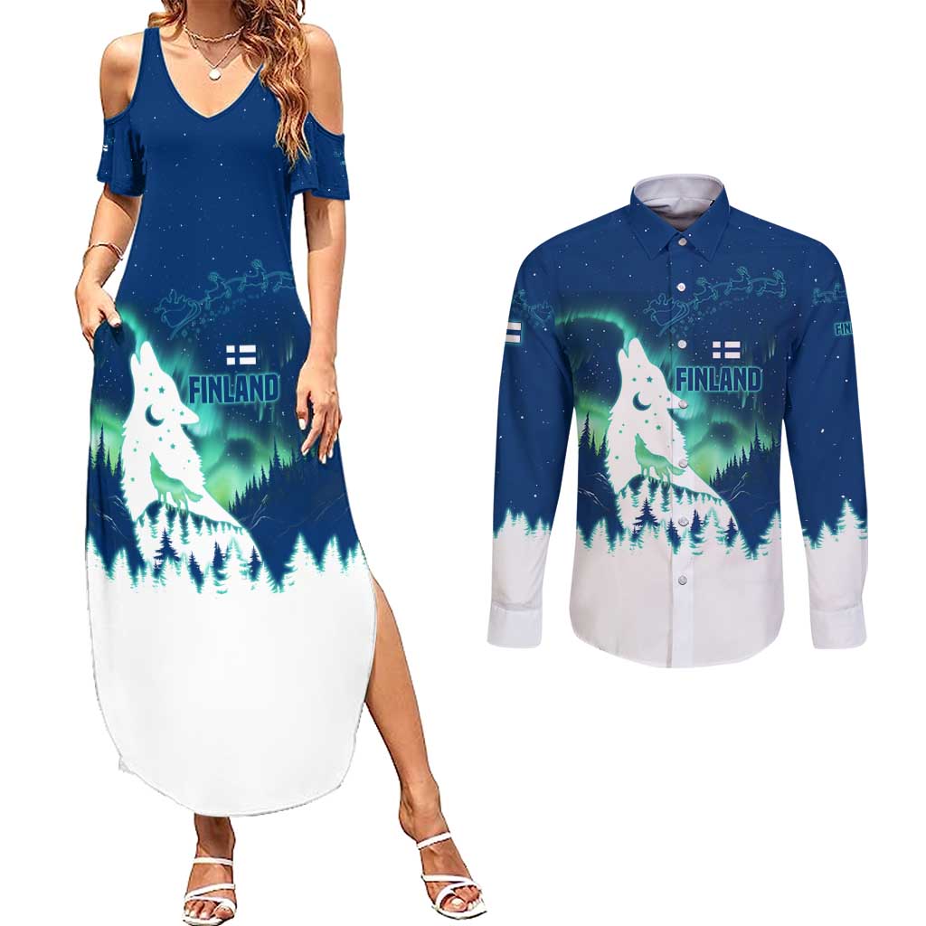 Finland Christmas Couples Matching Summer Maxi Dress and Long Sleeve Button Shirt with Howling Wolf Northern Lights Forest and Snow Design - Wonder Print Shop