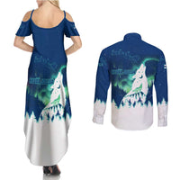 Finland Christmas Couples Matching Summer Maxi Dress and Long Sleeve Button Shirt with Howling Wolf Northern Lights Forest and Snow Design - Wonder Print Shop