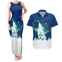 Finland Christmas Couples Matching Tank Maxi Dress and Hawaiian Shirt with Howling Wolf Northern Lights Forest and Snow Design - Wonder Print Shop