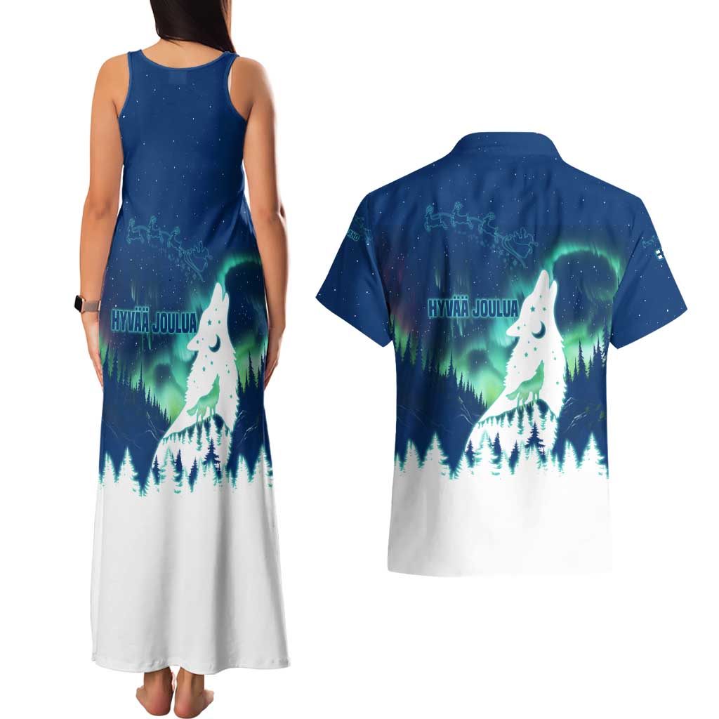 Finland Christmas Couples Matching Tank Maxi Dress and Hawaiian Shirt with Howling Wolf Northern Lights Forest and Snow Design - Wonder Print Shop