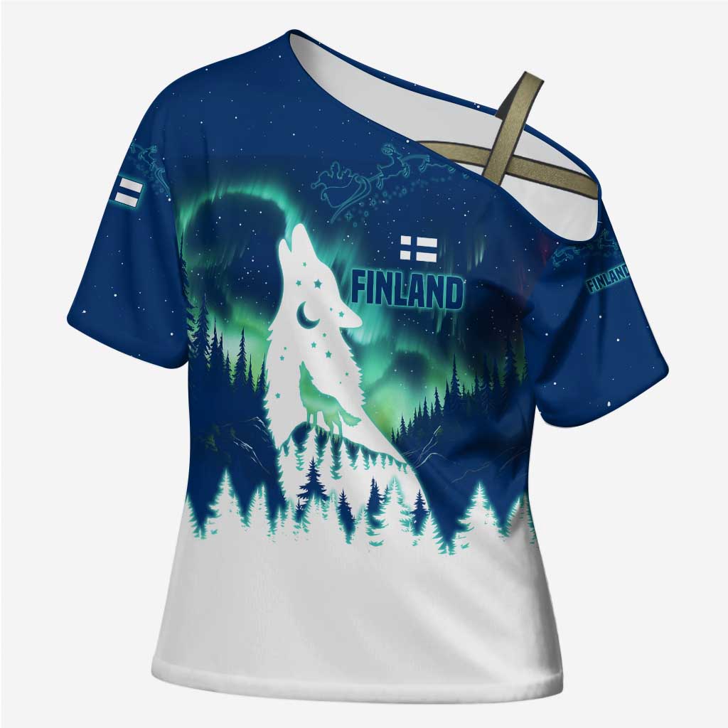Finland Christmas Cross Shoulder Shirt with Howling Wolf Northern Lights Forest and Snow Design - Wonder Print Shop