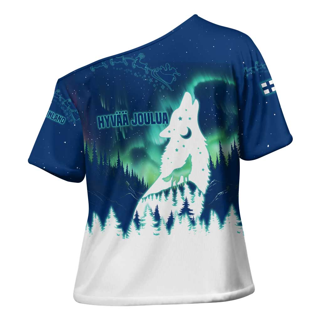 Finland Christmas Cross Shoulder Shirt with Howling Wolf Northern Lights Forest and Snow Design - Wonder Print Shop